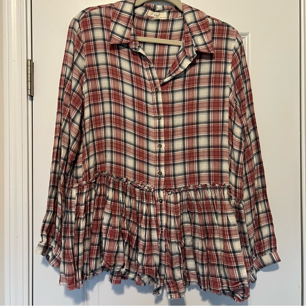 Plaid Button-Up Peplum Shirt